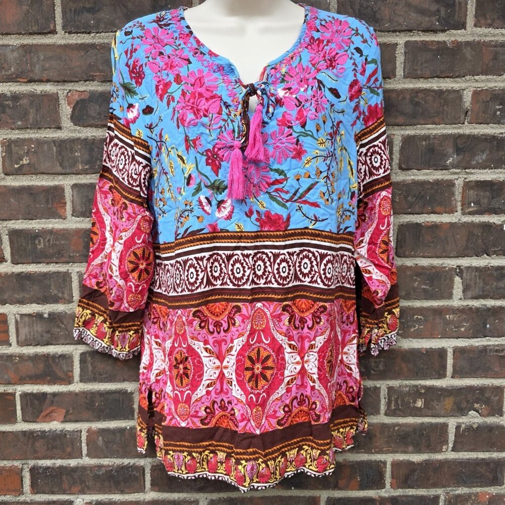AZIZA Boho Floral Paisley Colorful Shirt Top Blouse Size L Embroidered Pink Blue